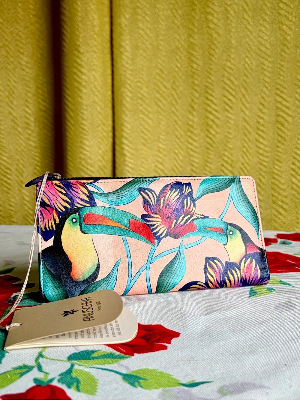 Vintage Toucan Floral Zip Wallet - Peach, Teal, Red, Yellow